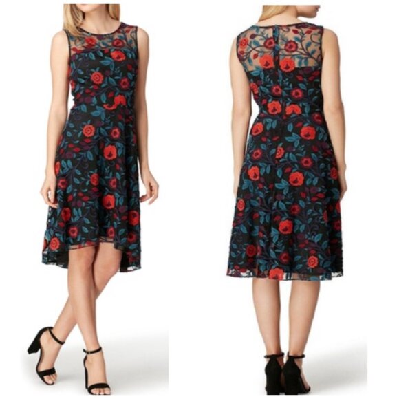 Tahari ASL Black Multi Floral Lace Overlay Career Party Fit & Flare Dress 10 - Picture 1 of 14